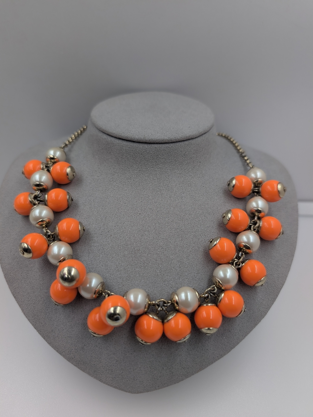 Signed J. Crew Tangerine Orange Pearl Bauble Cluster Collar Necklace 0619